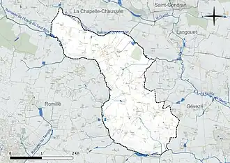 Carte en couleur présentant le réseau hydrographique de la commune