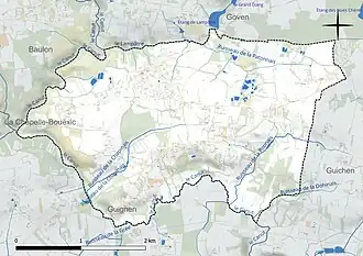 Carte en couleur présentant le réseau hydrographique de la commune