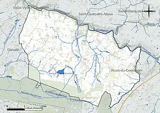 Carte en couleur présentant le réseau hydrographique de la commune