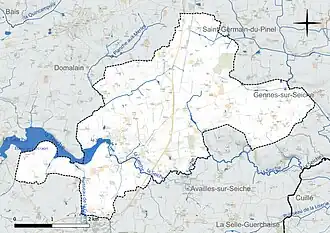 Carte en couleur présentant le réseau hydrographique de la commune