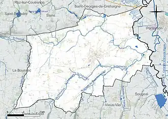 Carte en couleur présentant le réseau hydrographique de la commune