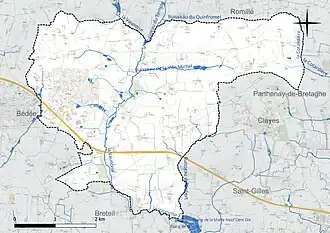Carte en couleur présentant le réseau hydrographique de la commune