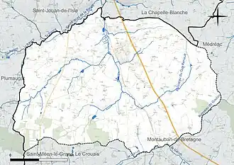 Carte en couleur présentant le réseau hydrographique de la commune