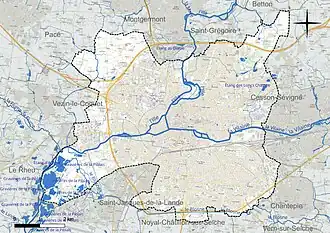 Carte en couleur présentant le réseau hydrographique de la commune