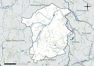 Carte en couleur présentant le réseau hydrographique de la commune
