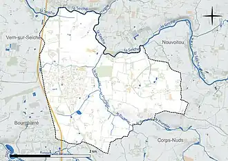 Carte en couleur présentant le réseau hydrographique de la commune
