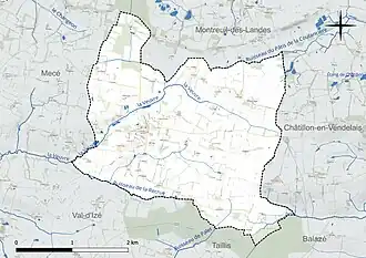 Carte en couleur présentant le réseau hydrographique de la commune