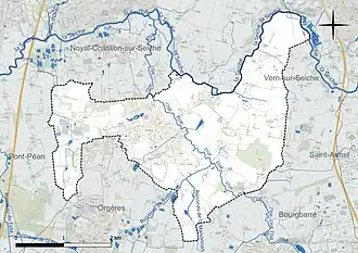 Carte en couleur présentant le réseau hydrographique de la commune