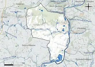 Carte en couleur présentant le réseau hydrographique de la commune