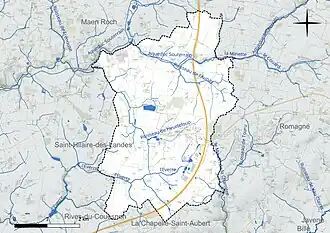 Carte en couleur présentant le réseau hydrographique de la commune