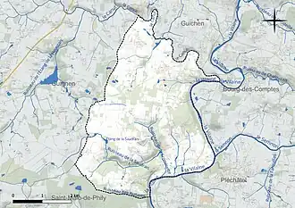 Carte en couleur présentant le réseau hydrographique de la commune