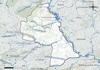 Carte en couleur présentant le réseau hydrographique de la commune
