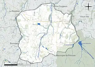 Carte en couleur présentant le réseau hydrographique de la commune