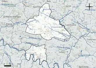 Carte en couleur présentant le réseau hydrographique de la commune