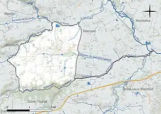 Carte en couleur présentant le réseau hydrographique de la commune