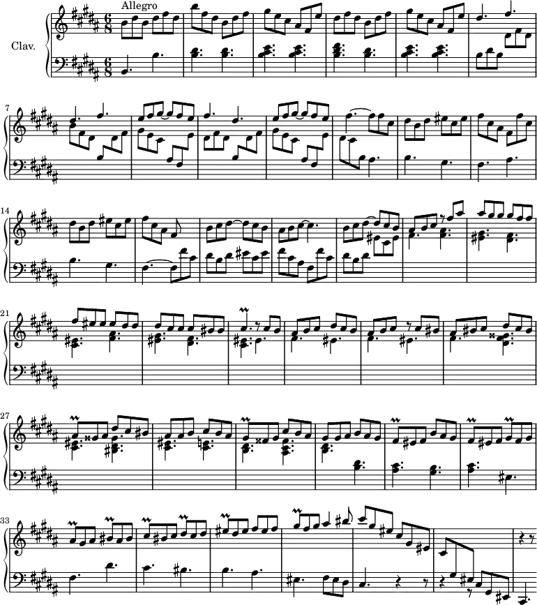 \version "2.18.2"
\header {
tagline = ##f
% composer = "Domenico Scarlatti"
% opus = "K. 245"
% meter = "Allegro"
}
%% les petites notes
trillCisp = { \tag #'print { cis4.\prall } \tag #'midi { dis32 cis dis cis~ \tempo 4. = 66 cis4 \tempo 4. = 120 } }
trillAisq = { \tag #'print { ais8\prall } \tag #'midi { \times 2/3 { ais16 bis ais } } }
trillGisq = { \tag #'print { gis8\prall } \tag #'midi { \times 2/3 { gis16 ais gis } } }
trillFisq = { \tag #'print { fis8\prall } \tag #'midi { \times 2/3 { fis16 gis fis } } }
trillBisq = { \tag #'print { bis8\prall } \tag #'midi { \times 2/3 { bis16 cis bis } } }
trillCisq = { \tag #'print { cis8\prall } \tag #'midi { \times 2/3 { cis16 dis cis } } }
trillDisq = { \tag #'print { dis8\prall } \tag #'midi { \times 2/3 { dis16 eis dis } } }
trillEisq = { \tag #'print { eis8\prall } \tag #'midi { \times 2/3 { eis16 fis eis } } }
upper = \relative c'' {
\clef treble
\key b \major
\time 6/8
\tempo 4. = 120
s8*0^\markup{Allegro}
b8 dis b dis fis dis | b' fis dis b dis fis | gis e cis ais fis e' | dis fis dis b dis fis | gis e cis ais fis e' |
% ms. 6
\stemUp \repeat unfold 2 { dis4. fis } | e8 fis gis~ gis fis e | fis4. dis | e8 fis gis~ gis fis e \stemNeutral |
% ms. 11
fis4.~ fis8 fis cis | dis b dis eis cis eis | fis cis ais fis fis' cis | dis b dis eis cis eis | fis cis ais fis8 s4
% ms. 16
b8 cis dis~ dis cis b | ais b cis~ cis4. | b8 cis dis~ \stemUp dis cis b | ais b cis r8 fis ais | ais gis gis gis fis fis |
% ms. 21
fis8 eis eis eis dis dis | dis cis cis cis bis bis | \trillCisp r8 cis8 b | ais b cis dis cis b | ais b cis r8 cis8 bis |
% ms. 26
ais8 bis cis dis cis bis | \trillAisq gisis8 ais dis cis bis| ais ais b cis b ais | \trillGisq fisis8 gis cis b ais | gis gis ais b ais gis |
% ms. 31
\trillFisq eis8 fis b ais gis | \trillFisq eis8 fis \trillGisq fis8 gis | \trillAisq gis8 ais \trillBisq ais bis | \trillCisq bis8 cis \trillDisq cis dis | \trillEisq dis eis fis eis fis |
% ms. 36
\trillGisq fis gis ais4 bis8 cis8 gis eis cis gis eis | cis \stemUp \change Staff = "lower" gis eis \change Staff = "upper" s4. | r4 r8
}
lower = \relative c' {
\clef bass
\key b \major
\time 6/8
% ************************************** \appoggiatura a16 \repeat unfold 2 { } \times 2/3 { } \omit TupletNumber
b,4. b' | < b dis > q | < b cis e > q | < b dis fis > < b dis > | < b cis e > q |
% ms. 6
b8 dis b \stemDown \change Staff = "upper" dis fis dis |
b' \stemDown \change Staff = "upper" fis dis \stemUp \change Staff = "lower" |
b \stemDown \change Staff = "upper" dis fis |
gis e cis \stemUp \change Staff = "lower" ais fis \stemDown \change Staff = "upper" e' |
dis fis dis \stemUp \change Staff = "lower" b \stemDown \change Staff = "upper" dis fis | gis e cis \stemUp \change Staff = "lower" ais fis \stemDown \change Staff = "upper" e' |
% ms. 11
dis8 cis \stemDown \change Staff = "lower" b \stemNeutral ais4. | b gis | fis ais | b gis | fis4.~ fis8 fis' cis |
% ms. 16
dis8 b dis eis cis eis | fis cis ais fis fis' cis | dis b dis \stemDown \change Staff = "upper" eis cis eis | fis4. \repeat unfold 2 { < fis ais > | < eis gis > < dis fis > |
% ms. 21
< cis eis >4. } eis4. | \repeat unfold 2 { fis eis }
% ms. 26
fis4. < dis fis gisis > | < cis eis > < bis dis gisis > | < cis eis > < cis e > | < b dis > < ais cis fisis > | < b dis > \stemNeutral \change Staff = "lower" < b dis >4.
% ms. 31
< ais cis >4. < gis b > | < ais cis > eis4. | fis dis' | cis bis | b ais |
% ms. 36
eis4. fis8 eis dis | cis4. r4 r8 | r4 r8 cis8 gis eis | cis4.
}
thePianoStaff = \new PianoStaff <<
\set PianoStaff.instrumentName = #"Clav."
\new Staff = "upper" \upper
\new Staff = "lower" \lower
>>
\score {
\keepWithTag #'print \thePianoStaff
\layout {
#(layout-set-staff-size 17)
\context {
\Score
\override TupletBracket.bracket-visibility = ##f
\override SpacingSpanner.common-shortest-duration = #(ly:make-moment 1/2)
\remove "Metronome_mark_engraver"
}
}
}
\score {
\keepWithTag #'midi \thePianoStaff
\midi { \set Staff.midiInstrument = #"harpsichord" }
}