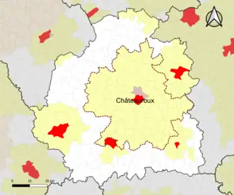 Localisation de l'aire d'attraction de Châteauroux dans le département de l'Indre.