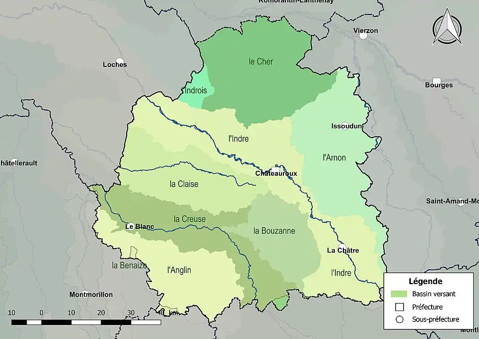 Les principaux bassins versants du département de l'Indre.