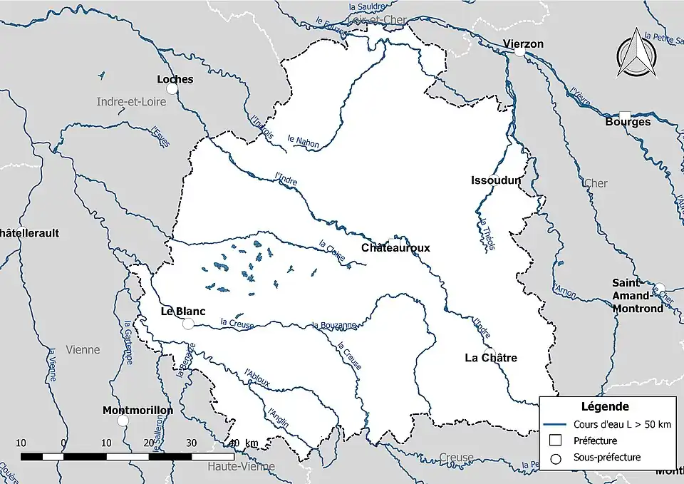 Carte des cours d'eau de longueur supérieure à 50&nbsp;km de l'Indre.