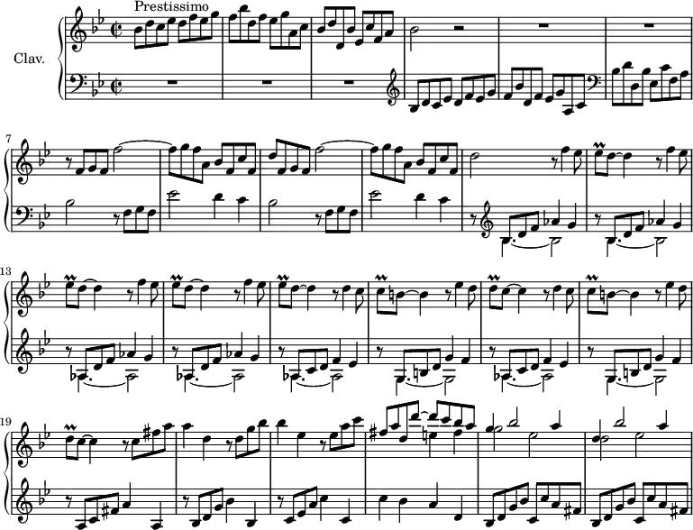 \version "2.18.2"
\header {
tagline = ##f
}
%% les petites notes
trillEes = { \tag #'print { ees8\prall } \tag #'midi { \tempo 2 = 75 f32 ees f ees \tempo 2 = 95 } }
trillC = { \tag #'print { c8\prall } \tag #'midi { \tempo 2 = 75 d32 c d c \tempo 2 = 95 } }
trillD = { \tag #'print { d8\prall } \tag #'midi { \tempo 2 = 75 ees32 d ees d \tempo 2 = 95 } }
upper = \relative c'' {
\clef treble
\key bes \major
\time 2/2
\tempo 2 = 95
\set Staff.midiInstrument = #"harpsichord"
s8*0^\markup{Prestissimo}
bes8 d c ees d f ees g | f bes d, f ees g a, c | bes d d, bes' ees, c' f, a | bes2 r2 | R1*2 |
% ms. 7
r8 f8 g f f'2~ | f8 g f a, bes f c' f, | d' f,8 g f f'2~ | f8 g f a, bes f c' f, | d'2 \repeat unfold 4 { r8 f4 ees8 | \trillEes d8~ d4 } \repeat unfold 2 { r8 d4 c8 | \trillC b8~ b4 r8 ees4 d8 | \trillD c8~ c4 }
% ms. 19 b
r8 c8 fis a | a4 d, r8 d8 g bes | bes4 ees, r8 ees8 a c | << { fis,8 a d, d'~ d c bes a | g4 bes2 a4 | d,4 bes'2 a4 } \\ { s2 e4 fis | g2 ees d ees } >>
% ms. 25
}
lower = \relative c' {
\clef bass
\key bes \major
\time 2/2
\set Staff.midiInstrument = #"harpsichord"
% **************************************
R1*3 \clef treble bes8 d c ees d f ees g | f bes d, f ees g a, c | \clef bass bes d d, bes' ees, c' f, a | bes2 r8 f8 g f | ees'2 d4 c | bes2 r8 f8 g f | ees'2 d4 c |
% ms. 9
\mergeDifferentlyDottedOn
\repeat unfold 2 { r8 \clef treble << { bes8 d f aes4 g } \\ { \relative c' { bes4.~ bes2 } } >> } | \repeat unfold 2 { r8 << { aes,8 d f aes4 g } \\ { \relative c' { aes4.~ aes2 } } >> } | \repeat unfold 2 { r8 << { aes,8 c d f4 ees } \\ { \relative c' { aes4.~ aes2 } } >> | r8 << { g,8 b d g4 f } \\ { g,4.~ g2 } >> }
% ms. 19
r8 a8 c fis a4 a, | r8 bes8 d g bes4 bes, | r8 c8 ees a c4 c, | c' bes a d, | \repeat unfold 2 { bes8 d g bes c, c' a fis } |
}
thePianoStaff = \new PianoStaff <<
\set PianoStaff.instrumentName = #"Clav."
\new Staff = "upper" \upper
\new Staff = "lower" \lower
>>
\score {
\keepWithTag #'print \thePianoStaff
\layout {
#(layout-set-staff-size 17)
\context {
\Score
\override SpacingSpanner.common-shortest-duration = #(ly:make-moment 1/2)
\remove "Metronome_mark_engraver"
}
}
}
\score {
\keepWithTag #'midi \thePianoStaff
\midi { }
}