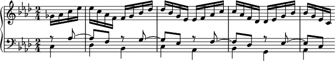 
\version "2.18.2"
\header {
  tagline = ##f
}

upper = \relative c'' {
  \clef treble 
  \key f \minor
  \time 2/4
  \tempo 4 = 56
  \set Staff.midiInstrument = #"harpsichord" 
  \set Score.currentBarNumber = #20
  %\context Score \applyContext #(set-bar-number-visibility 4)
  \bar ""

   %% PRÉLUDE CBT II-12, BWV 881, fa mineur
   \partial 4 ges16 aes c ees ees c aes f f g bes des des bes g ees ees f aes c c aes f des des ees g bes bes g ees c 
   
}

lower = \relative c' {
  \clef bass 
  \key f \minor
  \time 2/4
  \set Staff.midiInstrument = #"harpsichord" 
    
   << { r8 aes8~ aes f r8 g~ g ees r8 f~ f des r8 ees~ ees c } \\ { c4 des bes c aes bes g aes } >>
    
} 

\score {
  \new PianoStaff <<
    %\set PianoStaff.instrumentName = #""
    \new Staff = "upper" \upper
    \new Staff = "lower" \lower
  >>
  \layout {
    \context {
      \Score
      \remove "Metronome_mark_engraver"
    }
  }
  \midi { }
}
