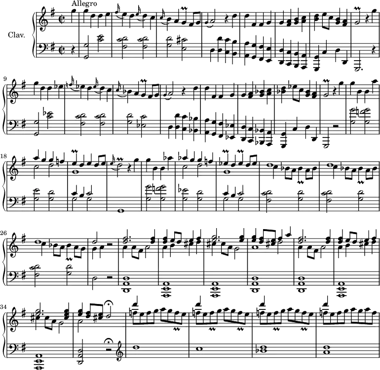 \version "2.18.2"
\header {
tagline = ##f
% composer = "Domenico Scarlatti"
% opus = "K. 470"
% meter = "Allegro"
}
%% les petites notes
trillG = { \tag #'print { g4\prall } \tag #'midi { a32 g a g~ g8 } }
trillGb = { \tag #'print { g2\prall } \tag #'midi { a32 g a g~ g4. } }
trillE = { \tag #'print { e4\prall } \tag #'midi { f32 e f e~ e8 } }
trillEes = { \tag #'print { ees4\prall } \tag #'midi { f32 ees f ees~ ees8 } }
trillDb = { \tag #'print { d2\prall } \tag #'midi { e32 d e d~ d4. } }
trillBes = { \tag #'print { bes4\prall } \tag #'midi { c32 bes c bes~ bes8 } }
trillFq = { \tag #'print { f8\prall } \tag #'midi { g32 f g f } }
upper = \relative c'' {
\clef treble
\key g \major
\time 2/2
\tempo 2 = 92
\set Staff.midiInstrument = #"harpsichord"
s8*0^\markup{Allegro}
\partial 4
g'4 | g d d e | \appoggiatura fis16 e4 d \appoggiatura e16 d4 c | \appoggiatura c16 b4 a \trillG fis8 g | \appoggiatura g4 a2 r4 d4 | d fis, fis g |
% ms. 6
g4 < fis a > < g b > < a c > | < b d > e8 c < g b >4 < fis a > | \trillGb r4
g'4 | g d d ees | \appoggiatura f16 ees4 d \appoggiatura ees16 d4 c | \appoggiatura c16 bes4 a \trillG fis8 g |
% ms. 12
\appoggiatura g4 a2 r4 d4 | d fis, fis g | g4 < fis a > < g bes > < a c > | < bes d > ees8 c < g bes >4 < fis a > | \trillGb r4 g'4 | g b, b a' |
% ms. 18
<< { a4 g g f | \trillE d e d8 e } \\ { c2 d | g,1 } >> \appoggiatura e'16 \trillDb r4 g4 | g b, b aes' |
<< { aes4 g g f | \trillEes d \trillEes d8 ees } \\ { c2 d | g,1 } >>
% ms. 24
\repeat unfold 2 { << { d'1 } \\ { c4 bes8 a \trillBes a8 bes } >> } | << { d1 | d2 } \\ { c4 bes8 a \trillBes a8 g | g4 a } >> r2
% ms. 28
<< { < d fis >2. q4 | q e8 d e4 fis | < e g >2. q4 | q < d fis >8 < cis e > fis4 a } \\ { s1*3 s2 d,2 }
\\ { \stemDown a4 a8 fis a2 | a4 b cis d | cis cis8 a g2 | a1 } >>
% ms. 32
<< { < d fis >2. q4 | q e8 d e4 fis | < e g >2. < cis e g >4 | < e g >4 < d fis >8 < cis e > d2\fermata }
\\ { a4 a8 fis a2 | a4 b cis d | cis cis8 a g2 | a2 } >>
% ms. 36
<< { \repeat unfold 4 { d'4 s2. } }
\\ { f,8 e f g a g \trillFq e | \repeat unfold 2 { f8 e \trillFq g8 a g \trillFq e } | f8 e f g a g a f } >>
% ms. 39
}
lower = \relative c' {
\clef bass
\key g \major
\time 2/2
\set Staff.midiInstrument = #"harpsichord"
% ************************************** \appoggiatura a16 e4 \repeat unfold 2 { } \times 2/3 { } \omit TupletNumber
r4 | < g, g' >2 < c' e > | < fis, c' d > q | < g d' > < e cis' > | d4 < d d' > < c c' > < b b' > | < a a' > < g g' > < fis fis' > < e e' > |
% ms. 6
< d d' >4 < c c' > < b b' > < a a' > | < g g' > c' d d, | g,2. r4 | < g' g' >2 < c' ees > | < fis, c' d > q | < g d' > < ees c' >
% ms. 12
d4 < d d' > < c c' > < bes bes' > | < a a' > < g g' > < fis fis' > < ees ees' > | < d d' >4 < c c' > < bes bes' > < a a' > | < g g' > | c' d d, | g,2 r2 | < g'' g' >2 < g f' g >
% ms. 18
< g e' >2 < g d' > | << { c4 b c2 } \\ { g2 g } >> | g,1 | < g' g' >2 < g f' g > | < g ees' >2 < g d' > | << { c4 b c2 } \\ { g2 g } >> |
% ms. 24
\repeat unfold 3 { < fis c' d >2 < g d' > } | d2 r2 |
% ms. 28
< d, a' d >1 | < a e' a > q | < d a' d > q < a e' a > q < d a' d >2 r2\fermata
% ms. 36
\clef treble d'''1 c < bes d > | < a d >
}
thePianoStaff = \new PianoStaff <<
\set PianoStaff.instrumentName = #"Clav."
\new Staff = "upper" \upper
\new Staff = "lower" \lower
>>
\score {
\keepWithTag #'print \thePianoStaff
\layout {
#(layout-set-staff-size 17)
\context {
\Score
\override TupletBracket.bracket-visibility = ##f
\override SpacingSpanner.common-shortest-duration = #(ly:make-moment 1/2)
\remove "Metronome_mark_engraver"
}
}
}
\score {
\keepWithTag #'midi \thePianoStaff
\midi { }
}