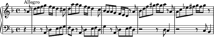 \version "2.18.2"
\header {
tagline = ##f
% composer = "Domenico Scarlatti"
% opus = "K. 89"
% meter = "Allegro"
}
%% les petites notes
%trillBesp = { \tag #'print { bes4.\prall } \tag #'midi { c32 bes c bes~ bes4 } }
upper = \relative c'' {
\clef treble
\key d \minor
\time 4/4
\tempo 4 = 82
\set Staff.midiInstrument = #"harpsichord"
\override TupletBracket.bracket-visibility = ##f
\partial 4
s8*0^\markup{Allegro}
r8 a8 | d e f g f16 e d4 cis8 | d a' a g f16 e d4 c8 | bes a a g f16 e d8 r8 a'8 |
% ms. 4
bes8 d f gis a16 gis a8 r8 a,8 | a c ees fis g16 fis g8 r8 s8 |
}
lower = \relative c' {
\clef bass
\key d \minor
\time 4/4
\set Staff.midiInstrument = #"harpsichord"
\override TupletBracket.bracket-visibility = ##f
% ************************************** \appoggiatura a16 \repeat unfold 2 { } \times 2/3 { } \omit TupletNumber
r4 r4 r8 a,8 d e f g | f d r8 a8 d e f d | g4 r8 a,8 d e f d |
% ms. 4
r2 r8 d8 c4 | r2 r8 c8 bes4
}
thePianoStaff = \new PianoStaff <<
\set PianoStaff.instrumentName = #""
\new Staff = "upper" \upper
\new Staff = "lower" \lower
>>
\score {
\keepWithTag #'print \thePianoStaff
\layout {
#(layout-set-staff-size 17)
\context {
\Score
\override SpacingSpanner.common-shortest-duration = #(ly:make-moment 1/2)
\remove "Metronome_mark_engraver"
}
}
}
\score {
\keepWithTag #'midi \thePianoStaff
\midi { }
}