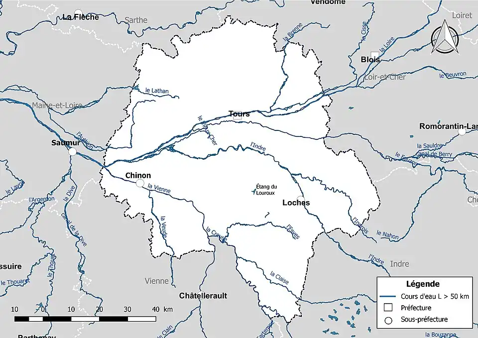 Carte des cours d'eau de longueur supérieure à 50&nbsp;km d'Indre-et-Loire.