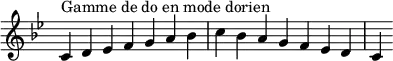  {
\override Score.TimeSignature #'stencil = ##f
\relative c' {
  \key c \dorian
  \clef treble \time 7/4
  c4^\markup { Gamme de do en mode dorien } d es f g a bes c bes a g f es d c
} }
