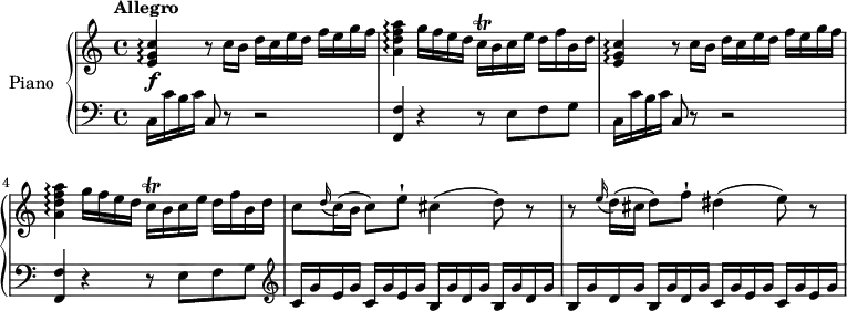 
\version "2.18.2"
\header {
  tagline = ##f
}
upper= \relative c' {
  \clef treble 
  \key c \major
  \time 4/4 
  \tempo "Allegro"
  \tempo 4 = 110
  \set Staff.midiInstrument = #"piano"
  <e g c>4\arpeggio\f r8  c'16 [b] d [c e d] f [e g f]
  <a, d f a>4\arpeggio  g'16 [f e d] c\trill [b c e] d [f b, d]
  <e, g c>4\arpeggio r8  c'16 [b] d [c e d] f [e g f]
  <a, d f a>4\arpeggio  g'16 [f e d] c\trill [b c e] d [f b, d]
  c8 \grace d16 (c16) (b c8) e-! cis4 (d8) r8
  r8  \grace e16 (d16) (cis d8) f-! dis4 (e8) r8
}
lower=\relative c {
  \clef bass
  \key c \major
  \time 4/4
  \tempo 4 = 110
  \set Staff.midiInstrument = #"piano"
   c16 c' b c c,8 r8 r2
   <f, f'>4 r4 r8 e' f g
   c,16 c' b c c,8 r8 r2
   <f, f'>4 r4 r8 e' f g
   \clef treble c16 [g' e g] c, [g' e g] b, [g' d g] b, [g' d g]
   b, [g' d g] b, [g' d g] c, [g' e g] c, [g' e g]
} 
\score {
       \new PianoStaff \with { instrumentName = #"Piano" }
       <<
         \new Staff = "upper" \upper
         \new Staff = "lower" \lower
       >>
\layout { }
\midi { } }

