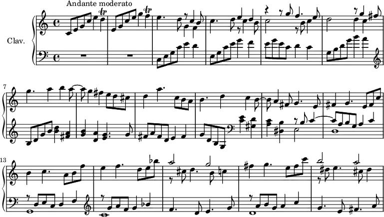 
\version "2.18.2"
\header {
  tagline = ##f
  % composer = "Domenico Scarlatti"
  % opus = "K. 86"
  % meter = "Andante moderato"
}

%% les petites notes
trillD      = { \tag #'print { d4\trill } \tag #'midi { e64 d e d~ d16~ d8 } }
trillF      = { \tag #'print { f4\trill } \tag #'midi { g64 f g f~ f16~ f8 } }

upper = \relative c'' {
  \clef treble 
  \key c \major
  \time 4/4
  \tempo 4 = 60
  \set Staff.midiInstrument = #"harpsichord"
  \override TupletBracket.bracket-visibility = ##f

      s8*0^\markup{Andante moderato}
      c,8 e g c e4 \trillD | e,8 g c e g4 \trillF | e4. d8 << { r8 c4 b8 } \\ { g4 f } >>
      % ms. 4
      c'4. d8 << { e4 d | r4 r8 g8 f4. e8 | s2 r8 g4 fis8 } \\ { r8 c4 b8 | c2 r8 b8 c4 | d2 d4 c } >> g'4. a4 b a8~ |
      % ms. 8
      a8 g4 fis e8 d cis | d4 a'4. c,8 b a | b4. d4 c b8~ | b a4 fis8 g4. e8 |
      % ms. 12
      fis4 g4. e8 fis c' | b4 c4. a8 b f' | e4 f4. d8 e bes' | << { a2 g } \\ { r8 cis,8 d4. b8 c4 } >>
      % ms. 16
      fis4 g4. e8 fis c' | << { b2 a } \\ { r8 dis,8 e4. cis8 dis4 } >> | % gis4

}

lower = \relative c' {
  \clef bass
  \key c \major
  \time 4/4
  \set Staff.midiInstrument = #"harpsichord"
  \override TupletBracket.bracket-visibility = ##f

    % ************************************** \appoggiatura a16  \repeat unfold 2 {  } \times 2/3 { }   \omit TupletNumber 
      R1*2 | c,8 e g c e4 d4 |
      % ms. 4
      e,8 g c e g4 f4 | e8 g e c d4 c | g8 b d g b4 a |   \clef treble  b,8 d g b < b d >4 < fis a > |
      % ms. 8
      < g b >4 < d a' > < e g >4. g8 | fis a fis d e4 fis | g8 d b g   \clef bass < c e >4 < gis d' > | < a c > < dis, b' > << { r8 b'8 c4~ | c8 a b g a4 c } \\ { e,2 | d1 } >>
      % ms. 13
      << { r8 d8 e c d4 f } \\ { g,1 } >>  | \clef treble << { r8 g''8 a f g4 bes } \\ { c,1 } >> | f4. d8 e4. g8 |
      % ms. 16
      << { r8 a8 b g a4 c } \\ { d,1 } >>  | g4. e8 fis4. a8 | 

}

thePianoStaff = \new PianoStaff <<
    \set PianoStaff.instrumentName = #"Clav."
    \new Staff = "upper" \upper
    \new Staff = "lower" \lower
  >>

\score {
  \keepWithTag #'print \thePianoStaff
  \layout {
      #(layout-set-staff-size 17)
    \context {
      \Score
     \override SpacingSpanner.common-shortest-duration = #(ly:make-moment 1/2)
      \remove "Metronome_mark_engraver"
    }
  }
}

\score {
  \keepWithTag #'midi \thePianoStaff
  \midi { }
}
