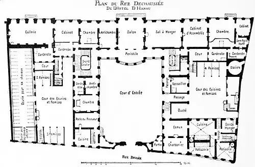 Plan d'origine de l'hôtel de Hanau. À droite, du côté de la rue, les cuisines.
