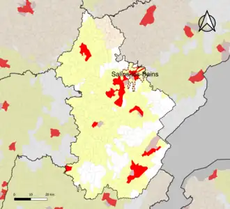 Localisation de l'aire d'attraction de Salins-les-Bains dans le département du Jura.