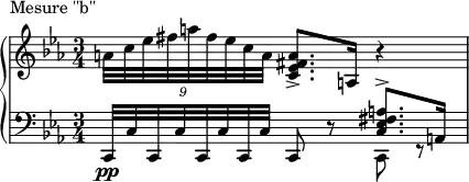 \new PianoStaff <<
\new Staff = "right" <<
\relative c'' {
\key ees \major
\time 3/4
\times 8/9{a32 c32 ees32 fis32 a32 fis32 ees32 c32 a32} <c, ees fis-> a>8. <a>16 r4
}
>>
\new Staff = "left" {
\clef bass <<
\relative c, {
\key ees \major
\time 3/4
c32\pp c'32 c,32 c'32 c,32 c'32 c,32 c'32 c,8 r8 <<{\voiceOne <c' ees fis-> a>8. <a>16}\new Voice {\voiceTwo c,8 r8}>>
}
>>
}
>>
\header {
piece = "Mesure ''b''"
}