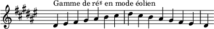 \relative c' {
\key dis \aeolian
\clef treble \time 7/4 \hide Staff.TimeSignature dis4^\markup { Gamme de ré♯ en mode éolien } eis fis gis ais b cis dis cis b ais gis fis eis dis
}