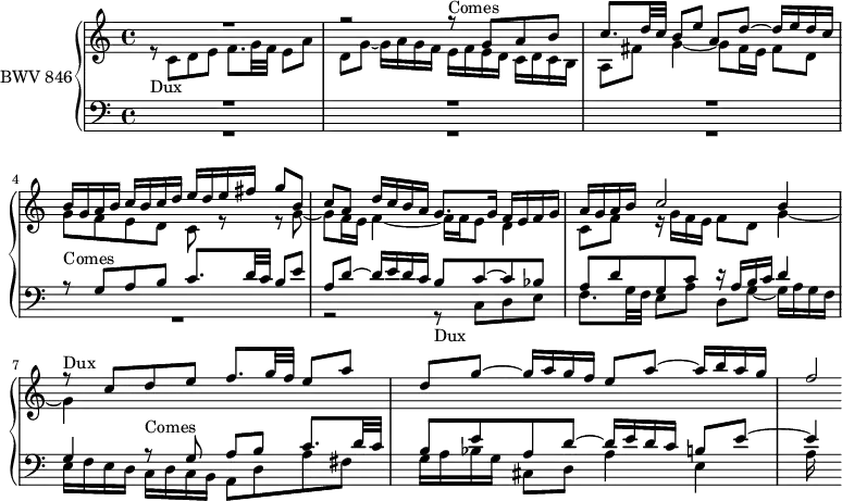 
\version "2.18.2"
\header {
  tagline = ##f
}

DuxNotes = { r8 c8 d e f8. g32 f e8 a d, g~ g16 a g f } 
Dux      = { s8*0-\markup{Dux} \DuxNotes }
Comes    = { s8*0-\markup{Comes} \transpose c g \relative { \DuxNotes } }

upper = \relative c' {
  \clef treble 
  \key c \major
  \time 4/4
  \tempo 4 = 58 % tempo de Keller
  \set Staff.midiInstrument = #"harpsichord" 

   %% FUGUE CBT I-1, BWV 846, ut majeur

   << { R1 r2 \transpose c c' { \Comes } b'16 g a b c b c d e d e fis g8 b, | c a d16 c b a g8. g16 f e f g | a g a b c2 b4 | \Dux e8 a~ a16 b a g | f2*1/4 } \\ { \relative c' { \Dux e16 f e d c d c b | a8 fis' g4~ g8 fis16 e fis8 d | g f e d c r8 r8 g'8~ g f16 e f4~ f16 f e8 d4 | c8 f r16 g16 f e f8 d g4~ | g }  } >>

}

lower = \relative c {
  \clef bass 
  \key c \major
  \time 4/4
  \set Staff.midiInstrument = #"harpsichord" 
    
   << { R1*3 \Comes b'8 c~ c bes | a d g, c r16 a16 b c d4 | g, \Comes b8 e~ e4*1/2 } \\ { R1*4 r2 \relative c { \Dux e16 f e d c d c b a8 d a' fis | g16 a bes g cis,8 d a'4 e | a16 } } >>
    
} 

\score {
  \new PianoStaff <<
    \set PianoStaff.instrumentName = #"BWV 846"
    \new Staff = "upper" \upper
    \new Staff = "lower" \lower
  >>
  \layout {
    \context {
      \Score
      \remove "Metronome_mark_engraver"
      \override SpacingSpanner.common-shortest-duration = #(ly:make-moment 1/2)
    }
  }
  \midi { }
}
