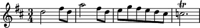 
\header {
  tagline = ##f
}

\score {
  \new Staff \with {

  }
<<
  \relative c'' {
    \key d \major
    \time 3/4
    \override TupletBracket #'bracket-visibility = ##f 
    \autoBeamOff

     %%%%%%%%%%%%%%%%%%%%%%%%%% K7
     d2 fis8[ d] a'2 fis8[ d] e[ g fis e d cis] c2.\trill

  }
>>
  \layout {
    \context {
      \remove "Metronome_mark_engraver"
    }
  }
  \midi {}
}
