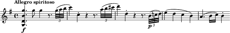 \relative c''' {
\override Score.NonMusicalPaperColumn #'line-break-permission = ##f
\version "2.18.2"
\tempo "Allegro spiritoso"
\key g \major
\tempo 4 = 130
<g b, d, g,>4.\f g8 g4 r8. \times 2/3 { g32( a b } |
c4) c,-. r r8. \times 2/3 { a'32( b cis } |
d4) d,-. r r8. \times 2/3 { b32(\p c! d) } |
e4( d c b) |
a4.( b16 c) b4-.
}