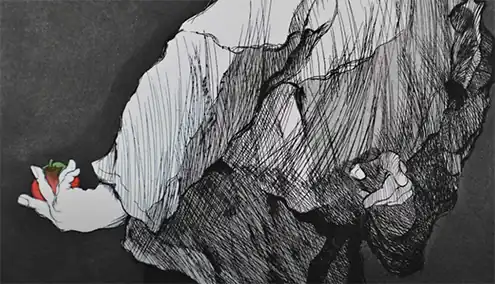 gros plan 1 gravure de la suite de 3 gravures réalisées par Pierre Risch avec 3 techniques mélangées  représentant des personnages de la Commedia dell' Arte déposées à la BNF sous le N° FRBNF40380315 - 1981.