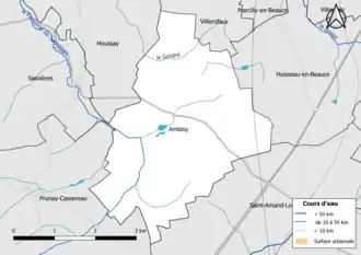 Carte en couleur présentantle réseau hydrographique de la commune