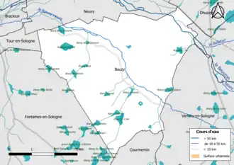 Carte en couleur présentantle réseau hydrographique de la commune
