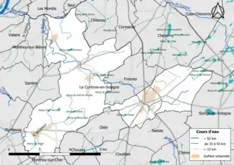Carte en couleur présentantle réseau hydrographique de la commune