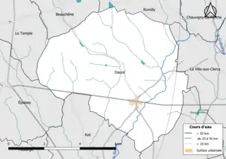 Carte en couleur présentantle réseau hydrographique de la commune