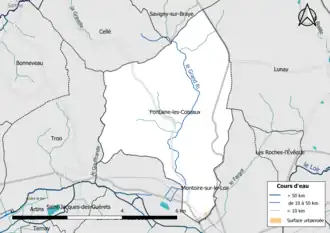 Carte en couleur présentantle réseau hydrographique de la commune