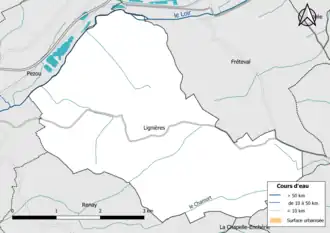 Carte en couleur présentantle réseau hydrographique de la commune