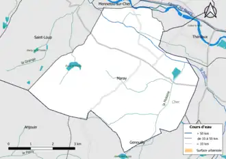 Carte en couleur présentantle réseau hydrographique de la commune