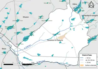 Carte en couleur présentantle réseau hydrographique de la commune