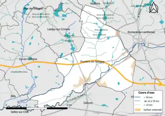 Carte en couleur présentantle réseau hydrographique de la commune
