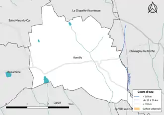 Carte en couleur présentantle réseau hydrographique de la commune