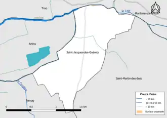 Carte en couleur présentantle réseau hydrographique de la commune